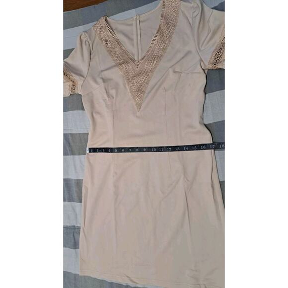 Women Dress Lace V Neck Ruffle Sleeve Casual Short Mini Dress Ligth Khaki Size M - Picture 7 of 14